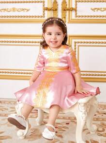 SHEIN Đứa bé gái Tuyệt đẹp Xa ten In Ngắn tay Đầm - Hồng - Xem 6