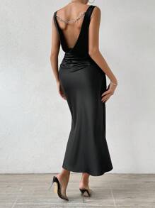 SHEIN Unity Women's Backless Draped Neckline Fish Tail Dress - Black - View 2