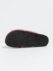 roulvxiang Novos chinelos de praia com lantejoulas para outono/inverno, sandálias de férias, chinelos rasos para uso doméstico, sandálias rasas sem cadarço para mulheres, mule - Rosa Avermelhado - Ver 3