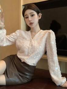 DAZY 閃亮裝飾v領長袖襯衫 - 白色 - 查看 7