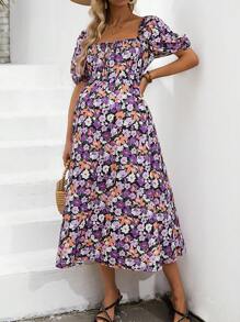 SHEIN Maternity Floral Print Square Neck Long Dress - Purple - View 1
