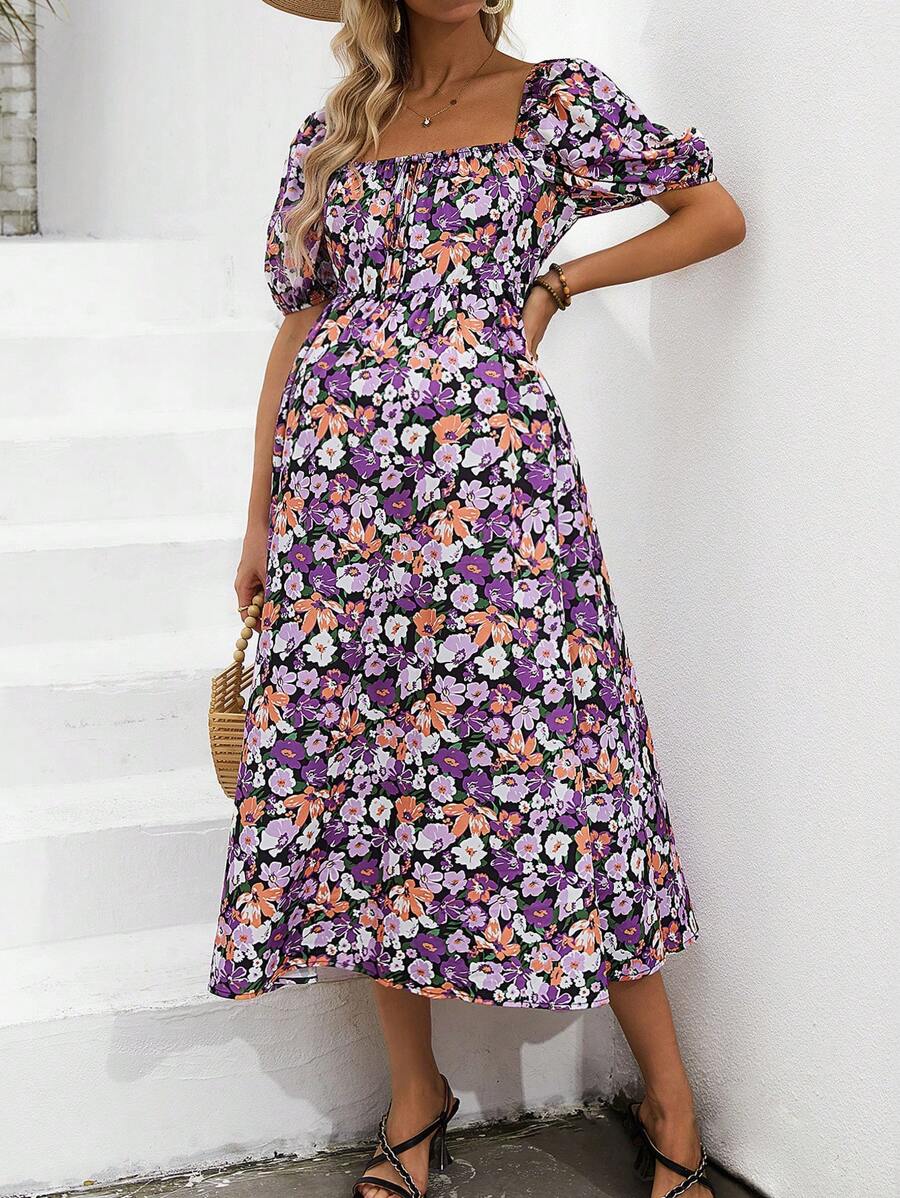 SHEIN Maternity Floral Print Square Neck Long Dress - Purple - View 1