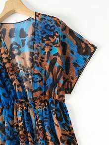 女士豹紋腰帶和服外套 - 藍色 - 查看 6