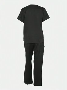 2024春季黑色緊身醫院短袖v領女性病房袍2件套裝,女性醫院服裝,褲裝套裝 - 黑色 - 查看 2