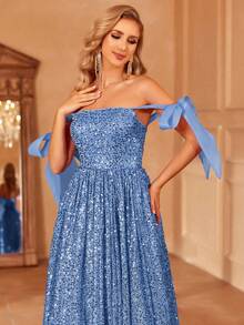 Faeriesty Floor Length Tie Shoulder Sequin Dress - Blue - View 5