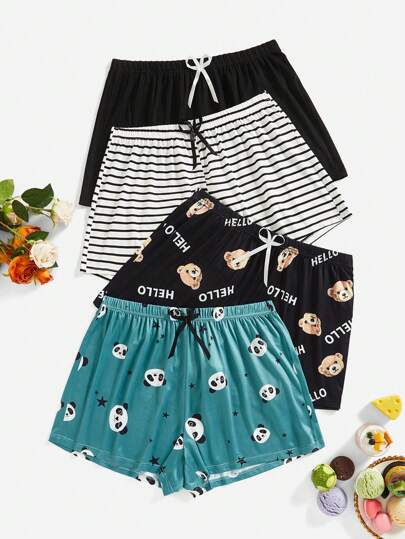 大码卡通印花睡衣短裤，蝴蝶结装饰