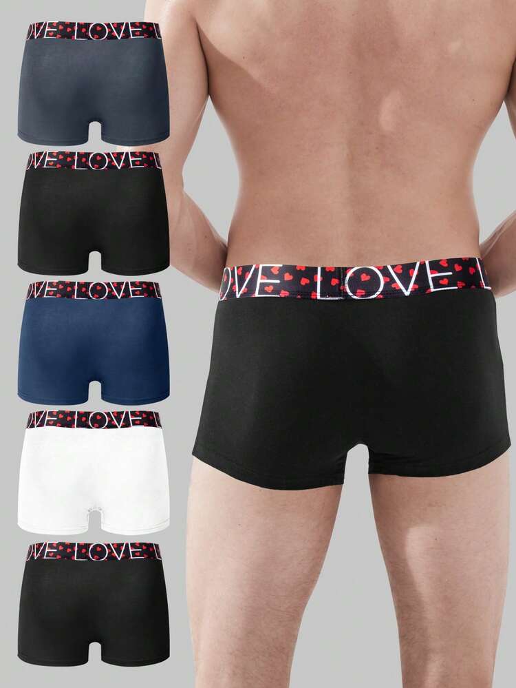 5pcs/Set Men's Heart & Letter Print Weaved Band Boxer Briefs