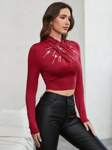 SHEIN Privé 閃閃發光的鑽石裝飾交叉領長袖短襯衫 - 紅色 - 查看 5