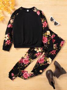 女童針織拼接净色厚針花肩身上衣,搭配針織厚針花長褲,兩件套裝 - 彩色 - 查看 1