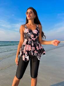 Swim Lushoire Summer Beach Floral Print Round Neck Tankini Set With Ruffled Hem - Multicolor - View 5