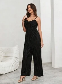 SHEIN Privé Salopetă elegantă pentru femei, plisată, cu picioare largi, cu garnitură cu volane și curea reglabilă, perfectă pentru vară și vacanță - Negru - Vizualizare 5