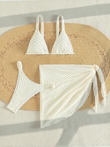 SHEIN Swim Women's Solid Texture Divided Bikini Set, 3pcs/Set Summer Beach