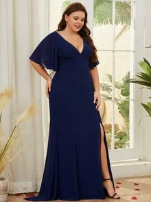 Plus Size Women Deep V-Neck Split Hem Solid Formal Dress, Suitable For Mother Of The Bride - Navy Blue - View 4