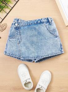 SHEIN Tween Girls Design assimétrico Lavagem pesada Desgastado Moda Anti-Flashing Denim Saia