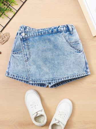 SHEIN Tween Girls Asymmetrical Design Heavy-Wash Distressed Fashionable Anti-Flashing Denim Skort, School, Campus, College Summer Holiday