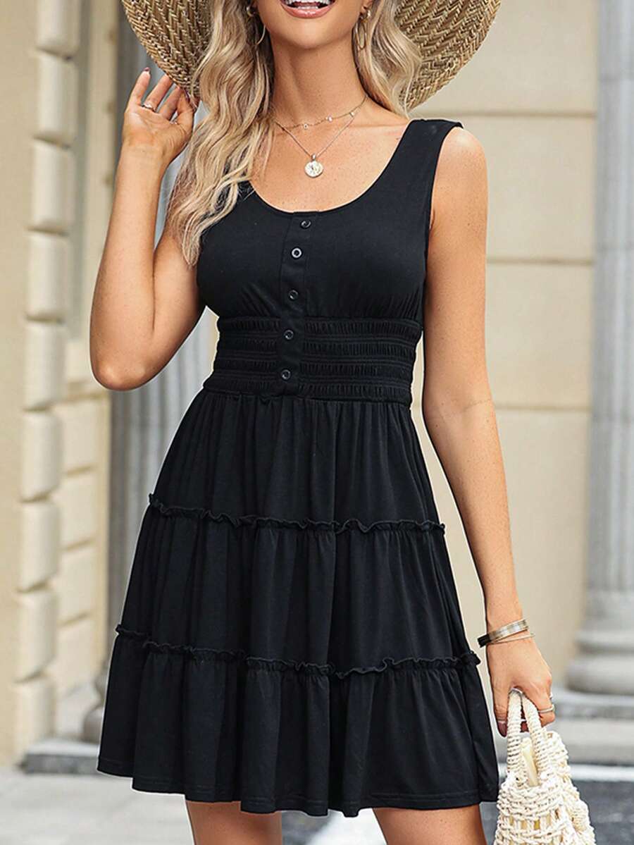 Acelitt Casual Style High Waist Solid Color Sleeveless Ruffle Hem Dress - Black - View 1
