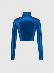 SHEIN Unity 光澤高領長袖t恤 - 寶藍色 - 查看 2
