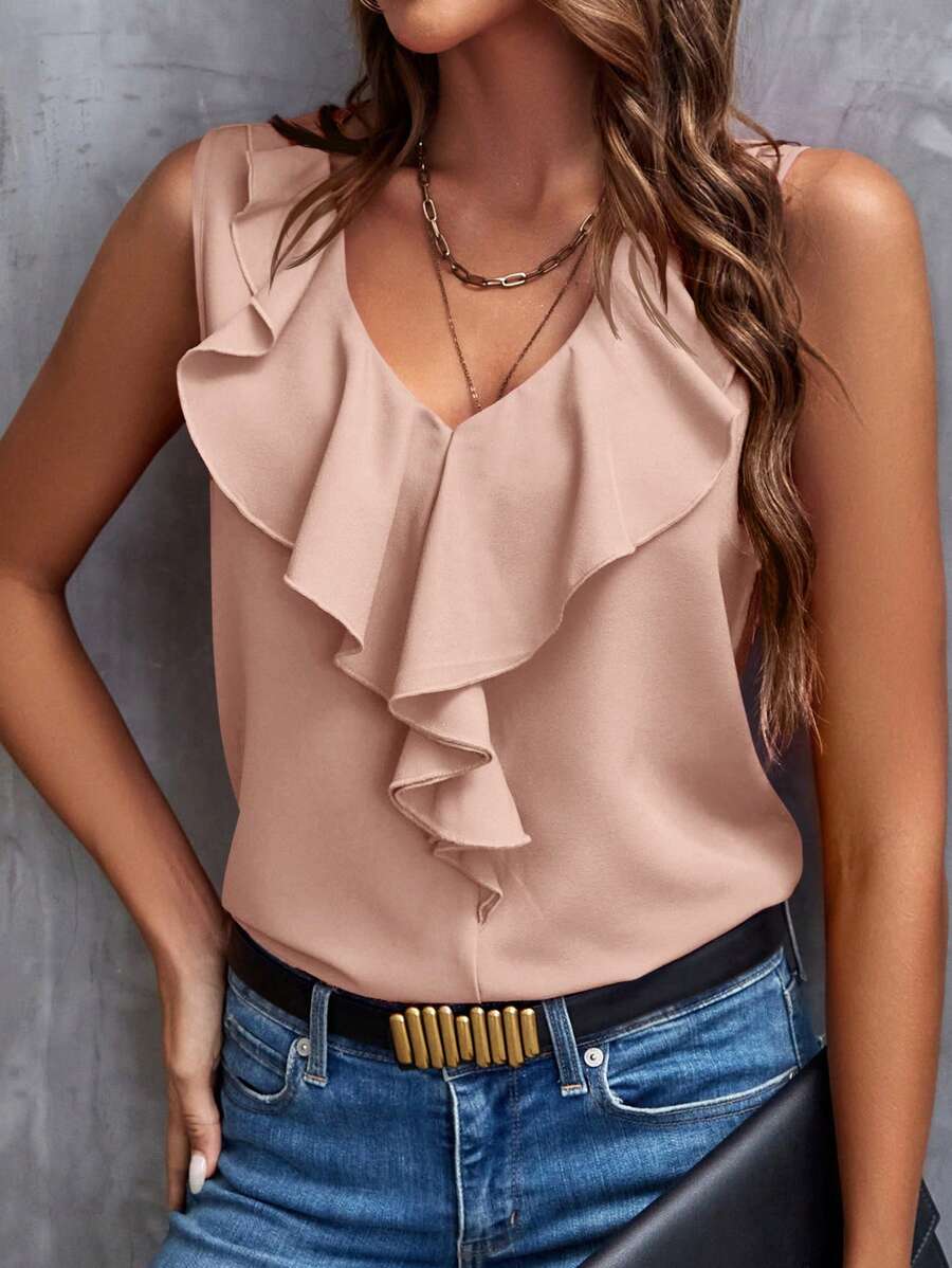 SHEIN Clasi Của phụ nữ Màu thuần Ruffle Cắt tỉa Áo không tay Với Trang trí - Bụi hồng - Xem 1