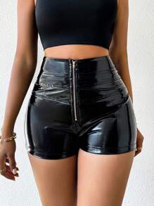 VaVaBold Pantalones Cortos De Mujer Con Cremallera De Color Sólido - Negro - Ver 7
