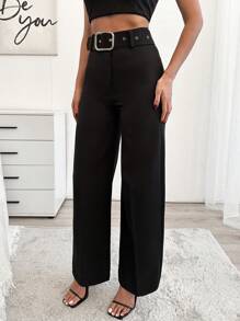 EURMUSE Plus Size Belt Detailed Elegant Solid Color Pant - Black - View 3