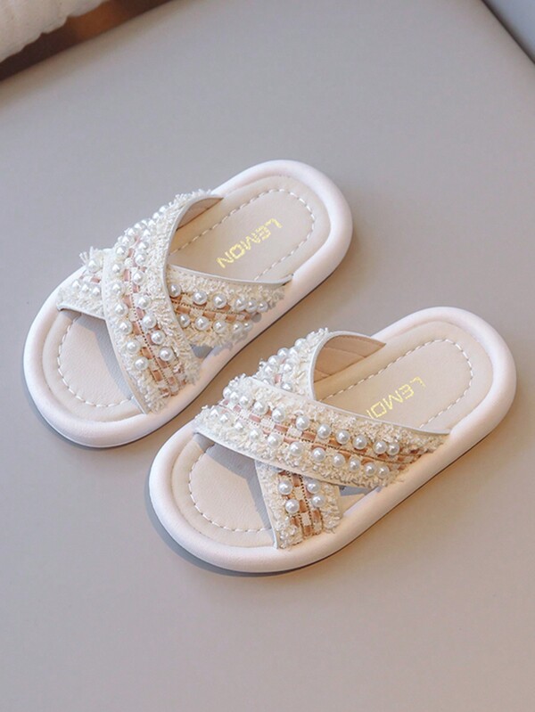 1pair Girls' Fashionable Pearl Decor Crossed Flat Sandals, Princess Beach Shoes For Children