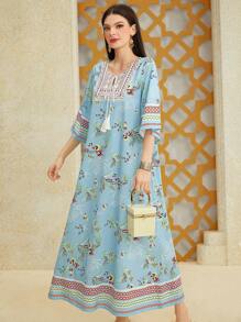 Al Najma 女式几何花卉印花流苏连衣裙，阿拉伯风格，端庄大方 - 藍色 - 查看 1