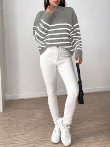 SHEIN Essnce Của phụ nữ Nửa Zip Sọc Áo len Với giá đỡ Vòng cổ - Xám - Xem 5