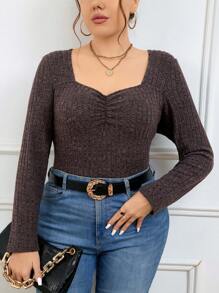 SHEIN Frenchy 女士大尺碼純色甜心領t恤,帶胸部褶皺