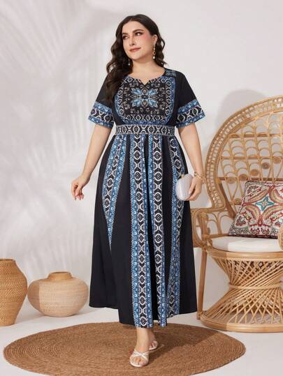 Al Najma Women's Plus Size Paisley Print Notch Neck Arabian Dress Kaftan Jalabiya Dress