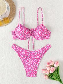 SHEIN Swim Summer Beach Floral Print Front Knot Bikini Set - Multicolor - View 3