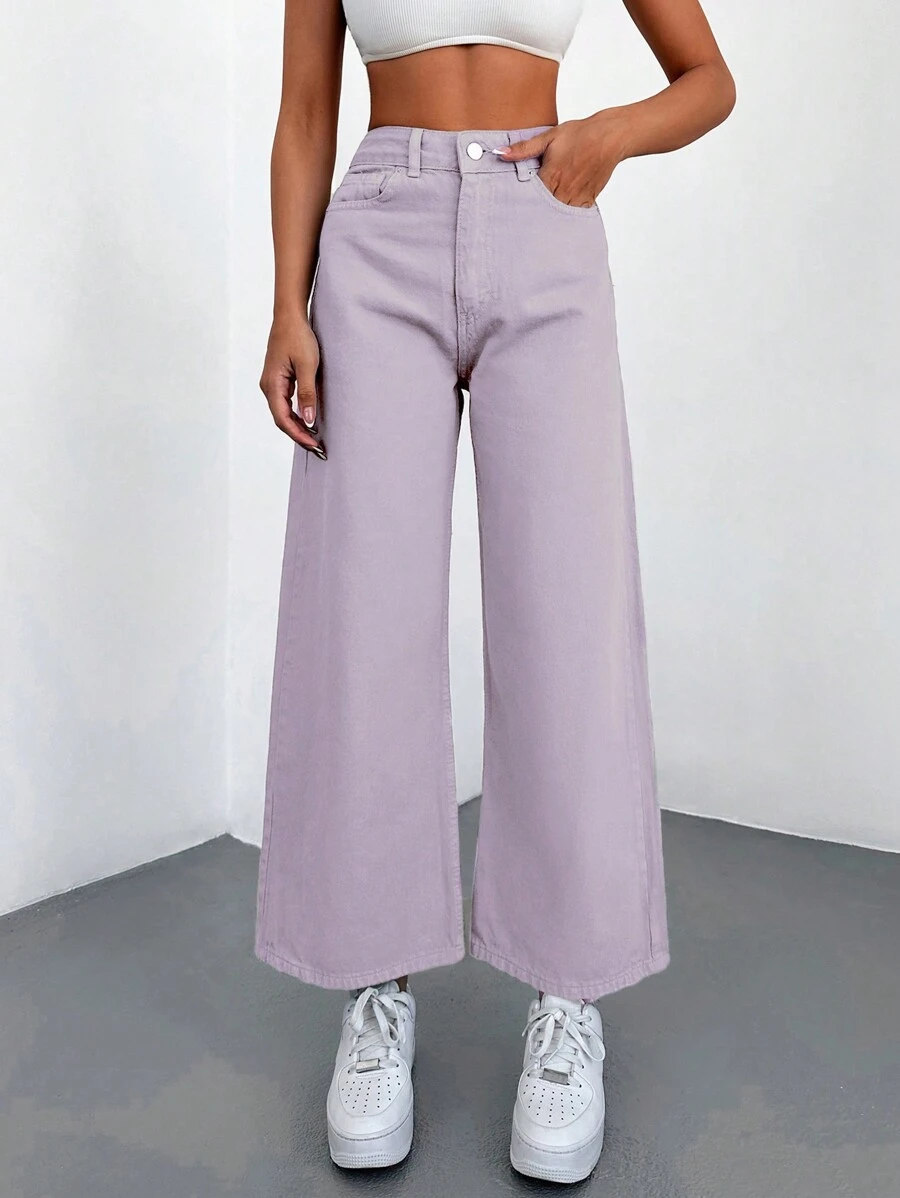 Cottnline Letter Patched Wide Leg Jeans - Purple - View 1