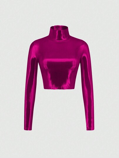 EgrlEra Camiseta de cuello alto de manga larga ajustada con revestimiento brillante, atuendo Y2K