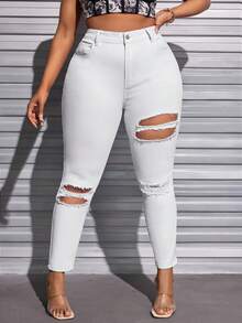 SHEIN SXY 加大碼高腰彈性破洞修身牛仔褲 - 白色 - 查看 4