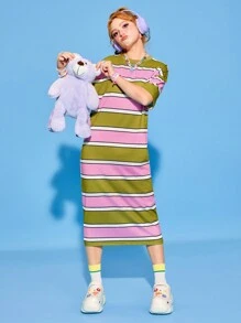 SHEINNeu Women's Round Neck Pink & Green Contrast Color Easter Striped Summer T-Shirt Dress - Pink - View 5