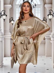 SHEIN Clasi 純色高光澤蝙蝠袖連衣裙 - 金色 - 查看 6