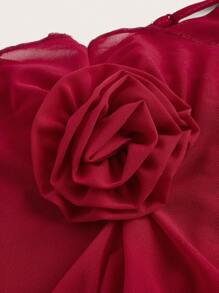 Silquee Valentine's Day Dress Red Mesh Ruffle Three-Dimensional Flower Decoration Women's Long Dress - Burgundy - View 8