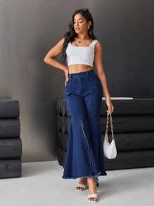 GENKIRA Pantalon Évasé Asymétrique En Denim Fendu - Jean brut - Voir 6