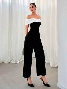 Aloruh Women's Contrast Color One Shoulder Jumpsuit, Suitable For Romantic Date, Party And Commuting - Black - View 3