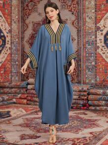 Al Najma Patchwork Ribbon Fringed Turkish Dress, Modest Kaftan - Blue - View 1