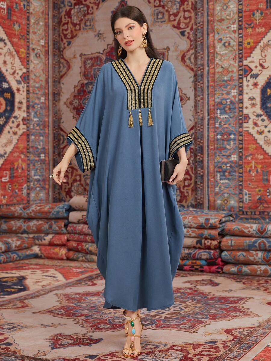 Al Najma Patchwork Ribbon Fringed Turkish Dress, Modest Kaftan - Blue - View 1