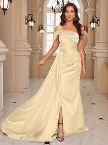 One Shoulder Floor-Length Satin Formal Dress - Apricot - View 2