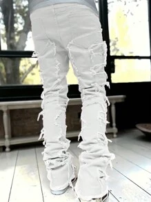 Tween Boy Creative Fringed Denim Jeans - White - View 2