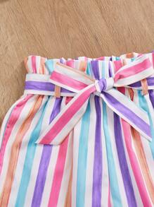 SHEIN Tween Girl Printed Round Neck T-Shirt With Striped Loose Fit Pants Two-Piece Set - Multicolor - View 3