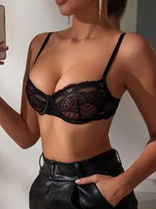 SHEIN Women's Lace Cami Bra Lingerie - Black and White - View 4