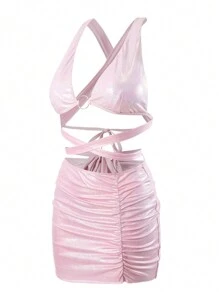 SHEIN Swim Women's Metallic Back Cross Cut Out Two-Piece Bikini Set Summer Beach