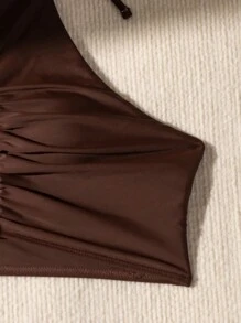 SHEIN Swim Bộ bikini hai dây cổ màu trơn dành cho nữ đi biển mùa hè Tiệc cưới - Cà phê nâu - Xem 6