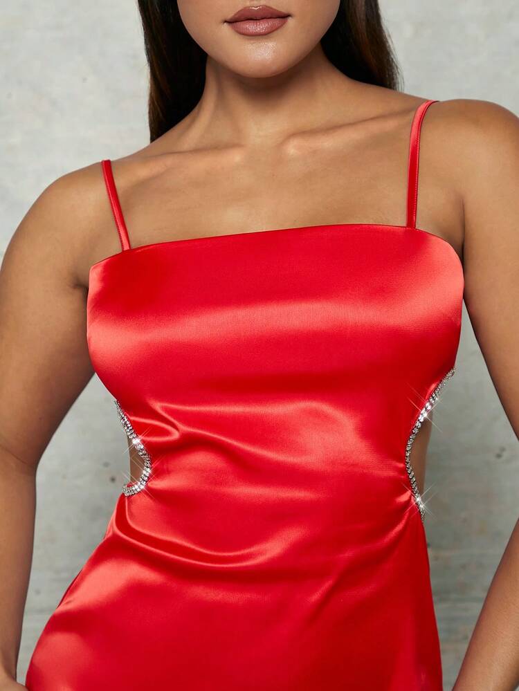 Women'S Woven Dress With Rhinestone Embellishment, Hollow Out Waist Design