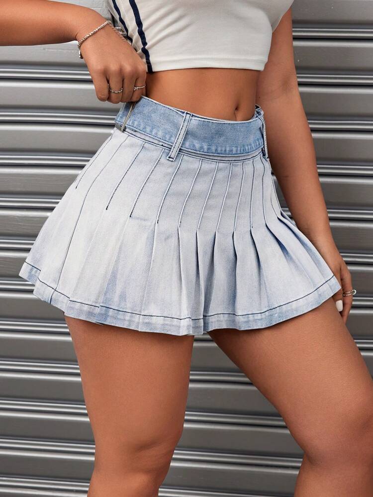 Pleated Denim Mini Skirt
