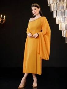 Modelyn Đầm dạ hội dài xếp ly lệch vai cho nữ - Màu vàng - Xem 3