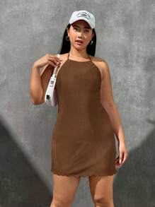 SHEIN EZwear Plus Size Halterneck Backless Dress - Brown - View 5